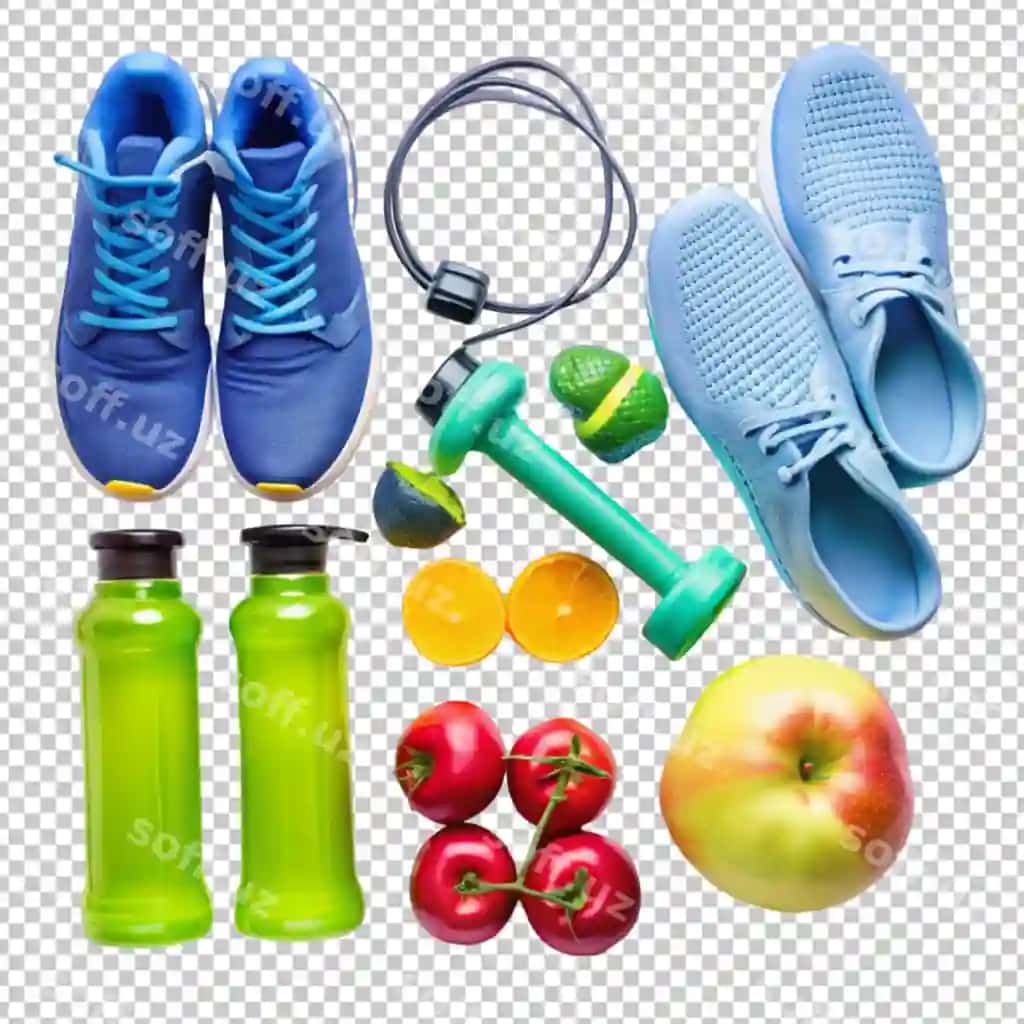 Tekis joylashgan sport kontseptsiyasi sog'liqli hayot jihozlari | Flat lay sport concept healthy life equipment