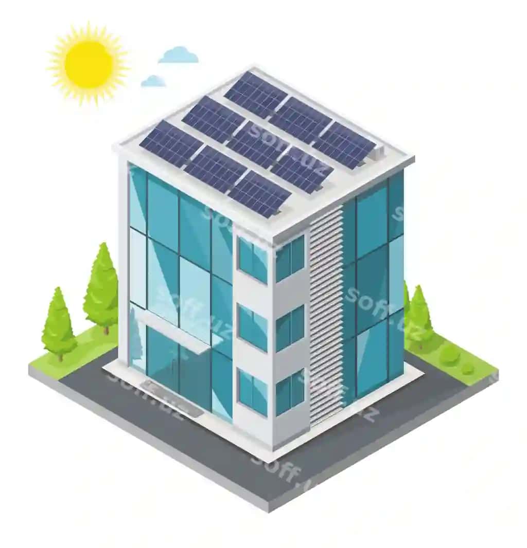 Ofis isometric ish stantsiyasi shisha binosi quyosh panelalari bilan | Office isometric work station glass building with solar palnels