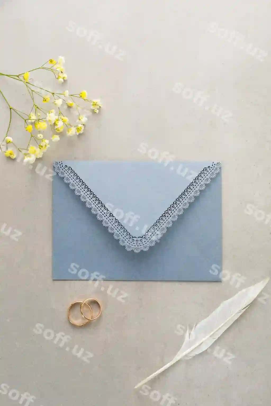 Elegant ko'k nikoh taklifi pitsa tutuq bilan | Elegant blue wedding invitation with lace feather
