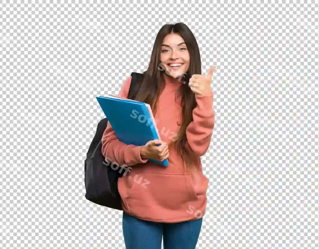 Yosh talaba ayol daftarlar tutgan OK belgisi va bosh bermoq belgisini ko'rsatgan | Young student woman holding notebooks showing ok sign thumb up gesture