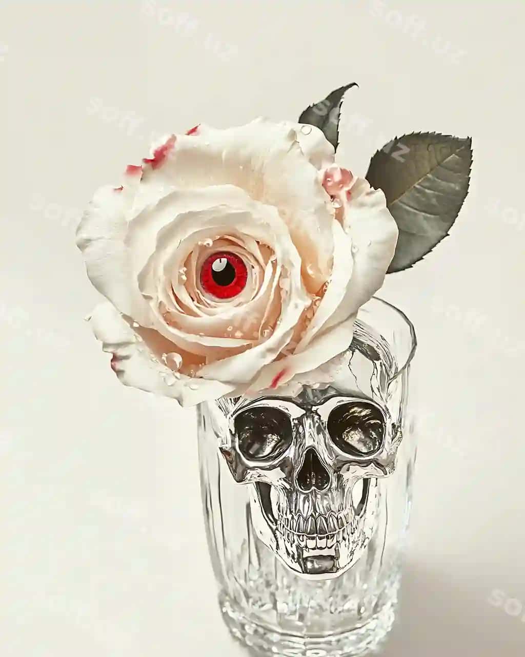 Bor shisha qorniq bosh vazasi gul bilan. | There is glass vase with flower it skull head