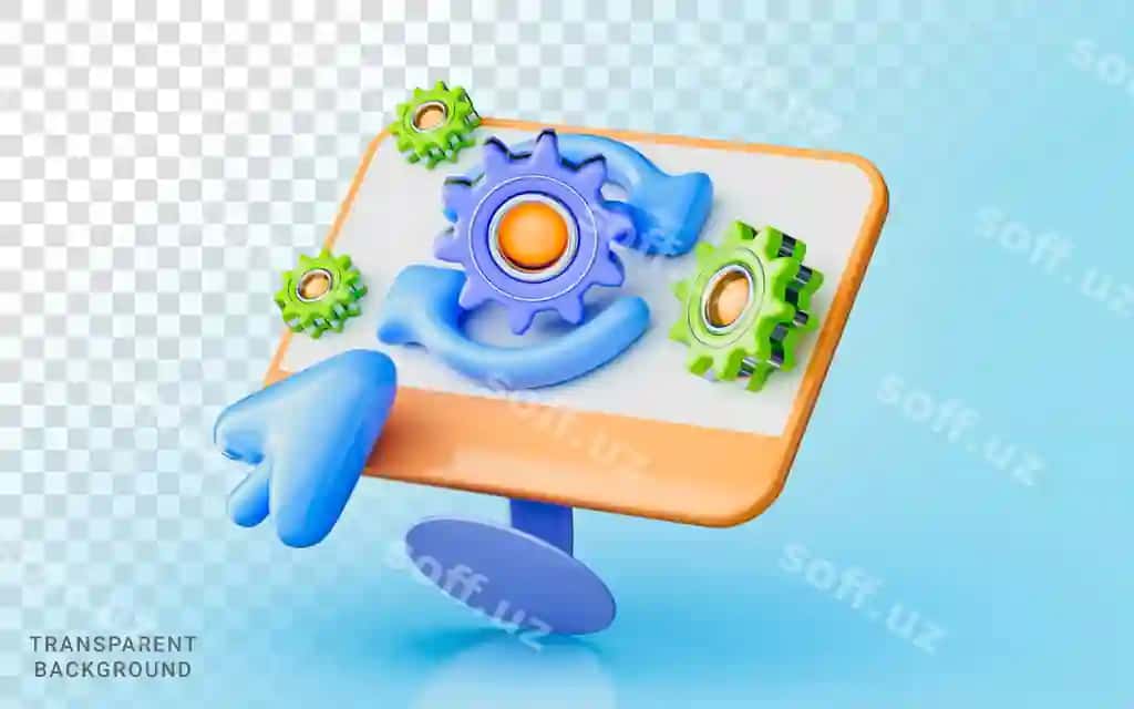 Ish stolining monitori shatun aylanish o'stir sichqoncha kursori bilan 3D illustratsiya | Desktop monitor gear rotation arrow with mouse cursor 3d illustration