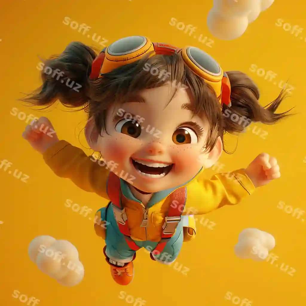 Chiroyli qiz baxtli havoda parvoz qilmoqda 3d render | Cute girl happily flying air 3d rendering