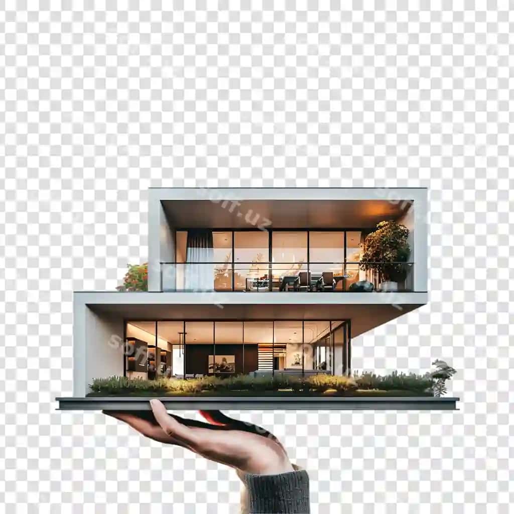 Qo'l tutgan zamonaviy uy daraxtlar bilan oq orqa fonda | Hand holding modern house with trees white background