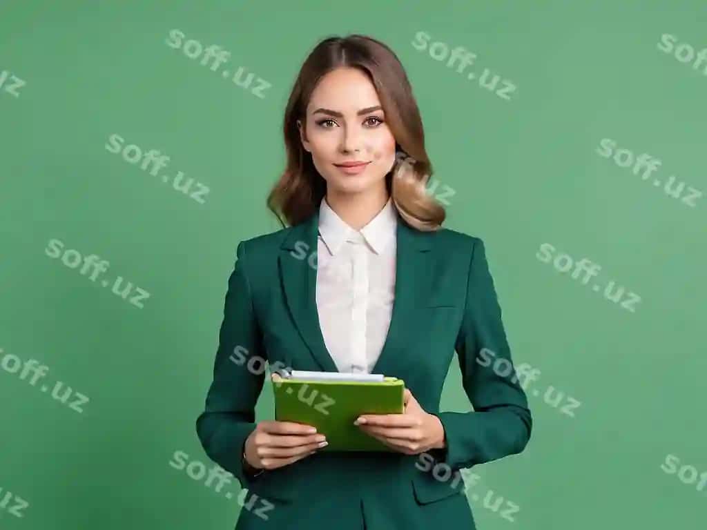 Portret yosh ayol o'qituvchi kostyum bilan yashil blocknot | Portrait young female teacher suit with notepad green