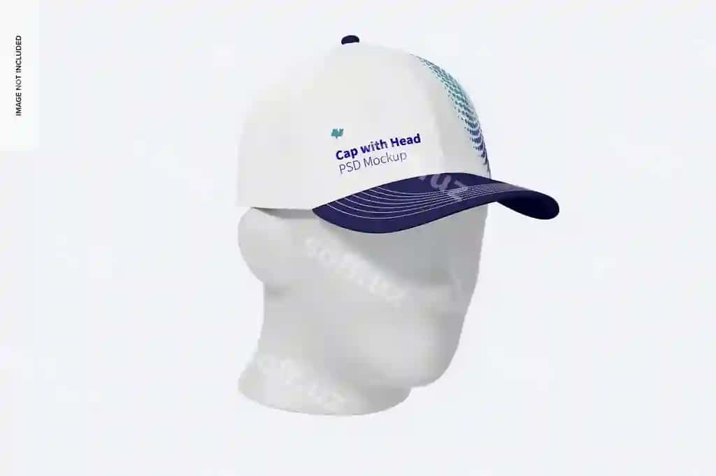 Bosh kap mockup 3 4 oldinchi chap tomondan ko'rinish | Cap with head mockup 3 4 front left view