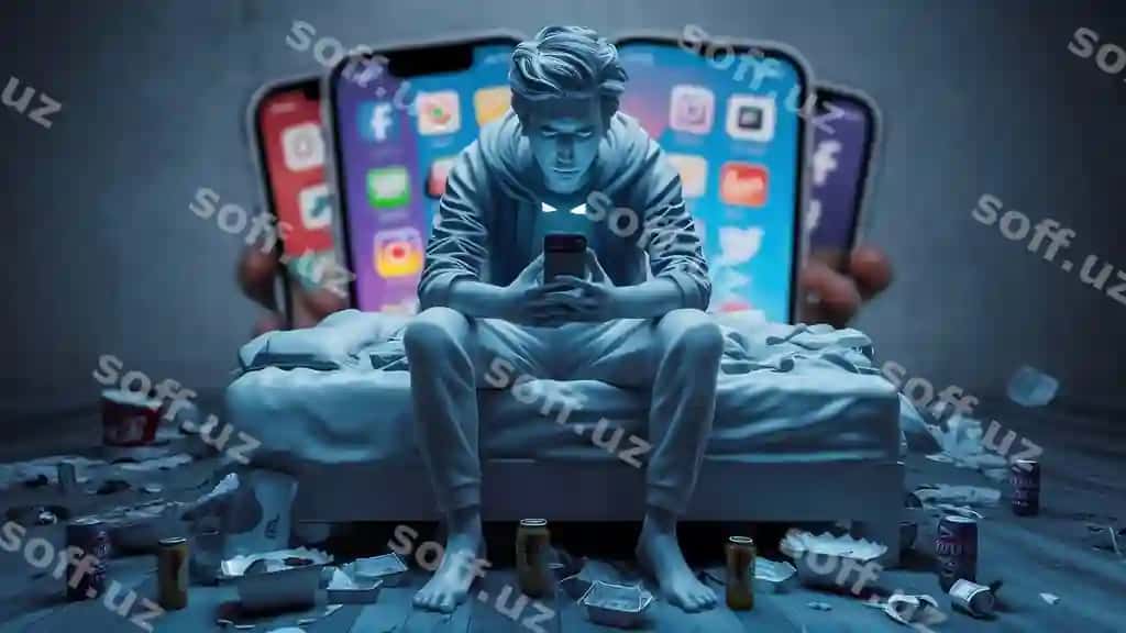 3d rendering yosh erkak ijtimoiy tarmoqlarga bog'langan | 3d rendering young man addicted social media
