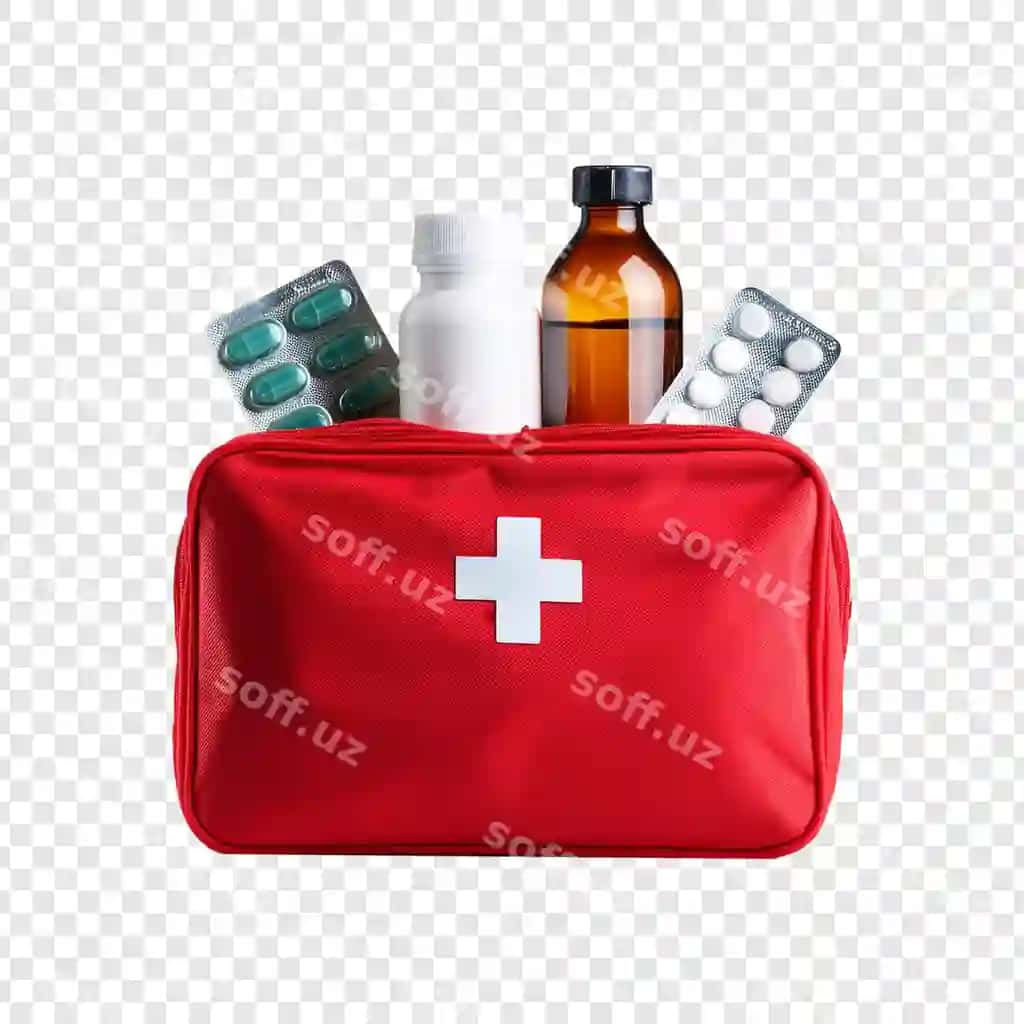Qizil birinchi yordam komplekti dori bilan ajraltirilgan shaffof fonda | Red first aid kit with medicine isolated transparent background