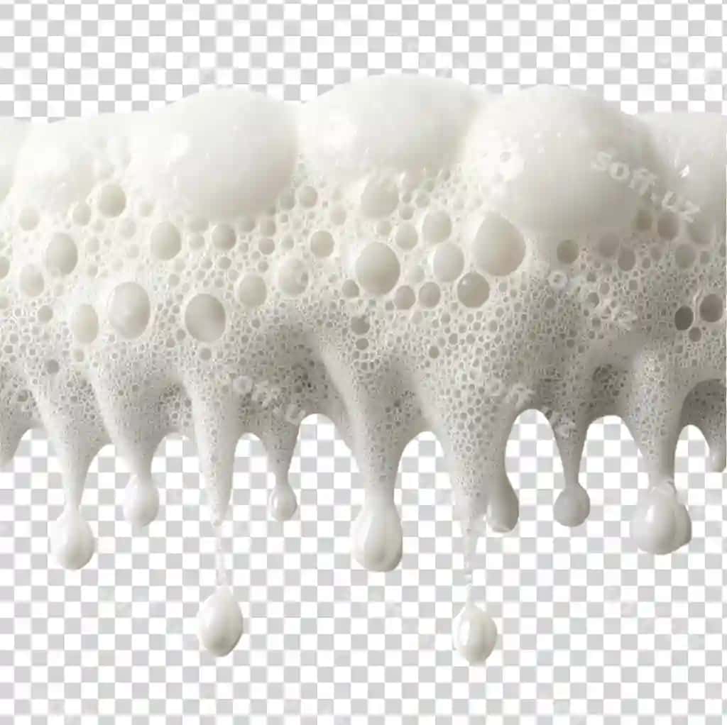 Oq sova shirasi teksturasi yuqoridan tushib beruvchi olinchiy transparent fondaanirozda | White soap foam texture dripping from top isolated transparent background