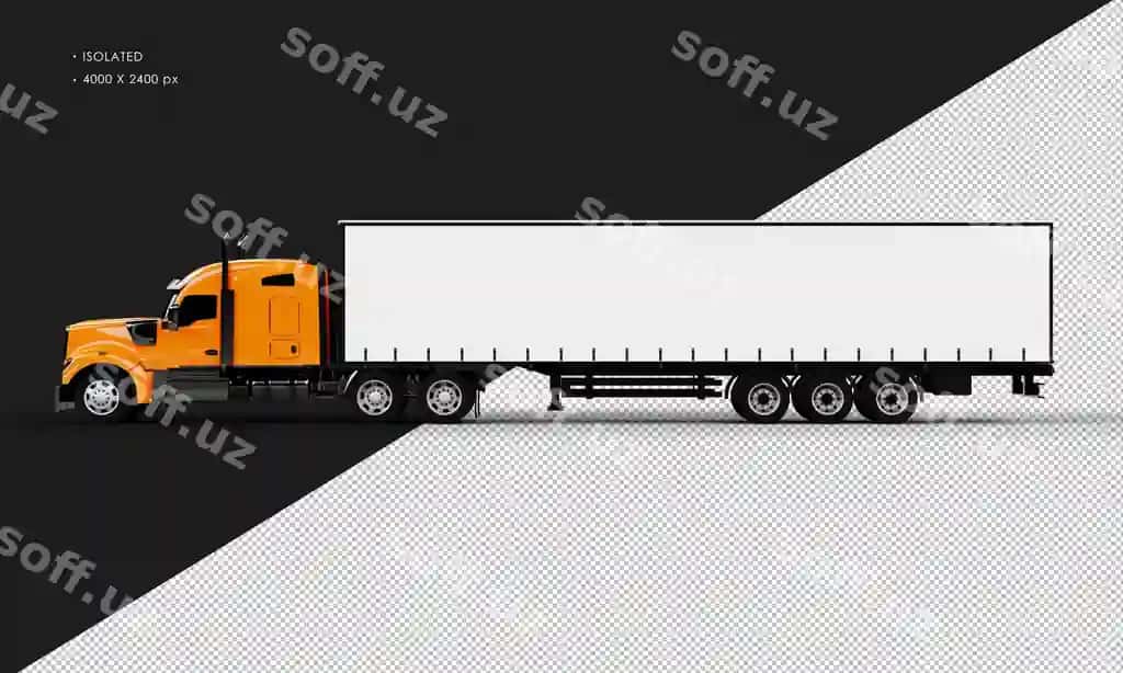 Ajraltirilgan haqiqiy yorqin apelsin rangli uzun yuk avtomobili chap tomondan | Isolated realistic shiny orange long trailer truck from left side