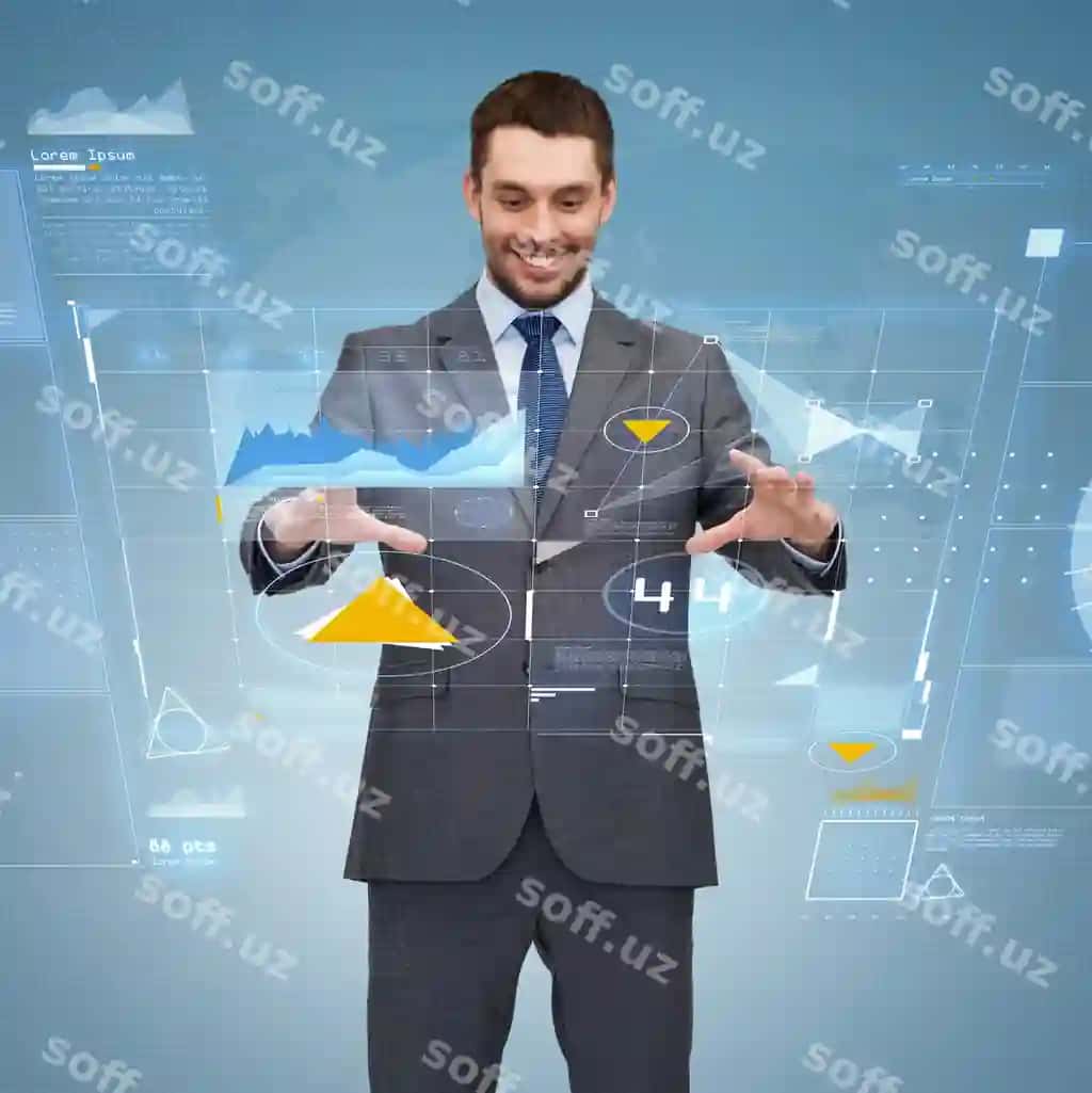 Biznes texnologiya kommunikatsiya kontseptsiyasi guladigan biznesmen virtual ekran bilan ishlaydi | Business technology communication concept smiling businessman working with virtual screen