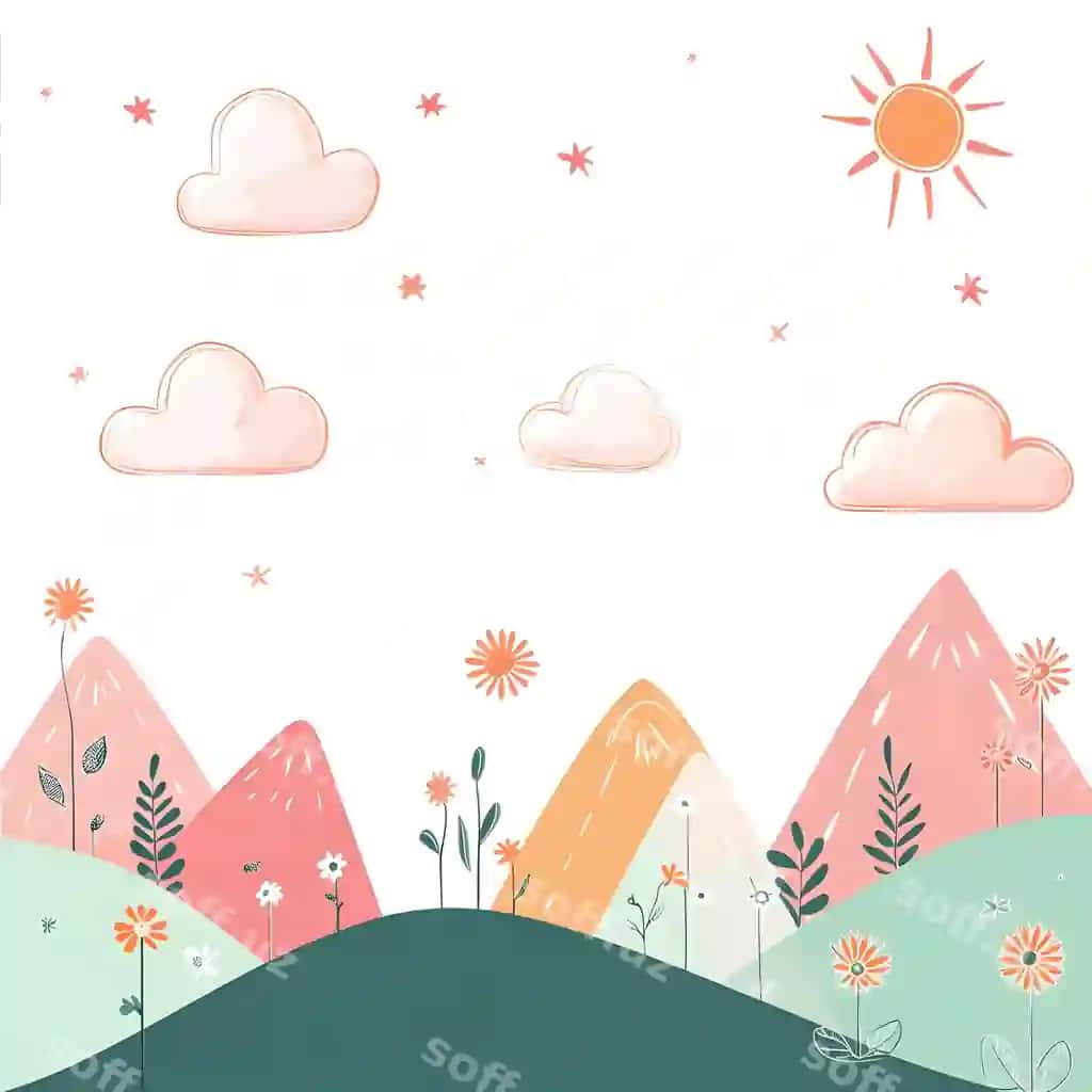 Oddiy illustratsiya cho'g'irlar bulutlar quyosh gullar | Simple illustration mountains clouds sun flowers