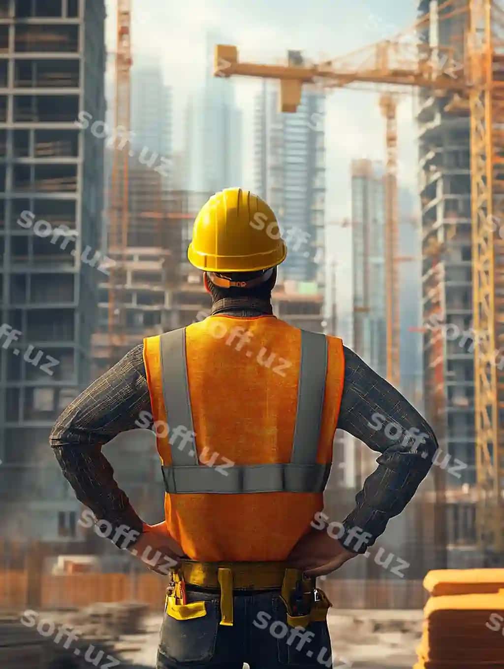 Foto quruvchi ishchi shahar hududidagi bino qurish joyida nazorat qilmoqda | Photo construction worker overlooking building site urban area