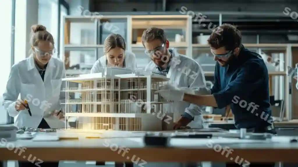 Guruh muhandislar bino modeli laboratoriyasida konstruksiya sinovlarini o'tkazmoqda. | Group engineers conducting structural tests building model lab