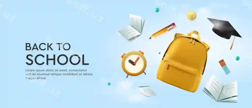Maktabga qaytish parvoz veb baneri, uchuvchi maktab kundaliylari | Back school bright web banner with school supplies flying stationery
