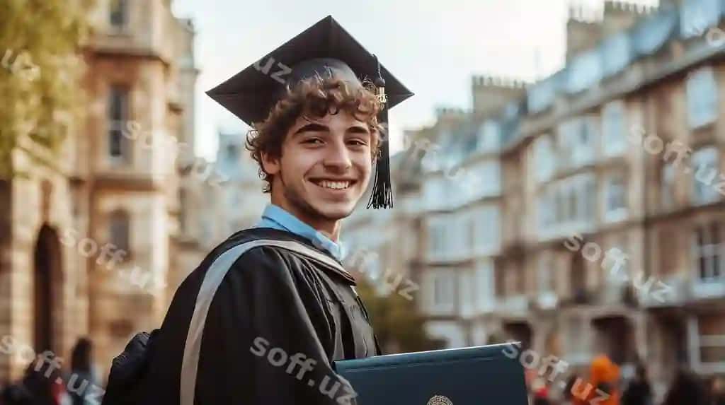 Gulovchi yosh erkak diplom bilan bitiruv sharifni kiygan. | Smiling young man wearing graduation cap with diploma
