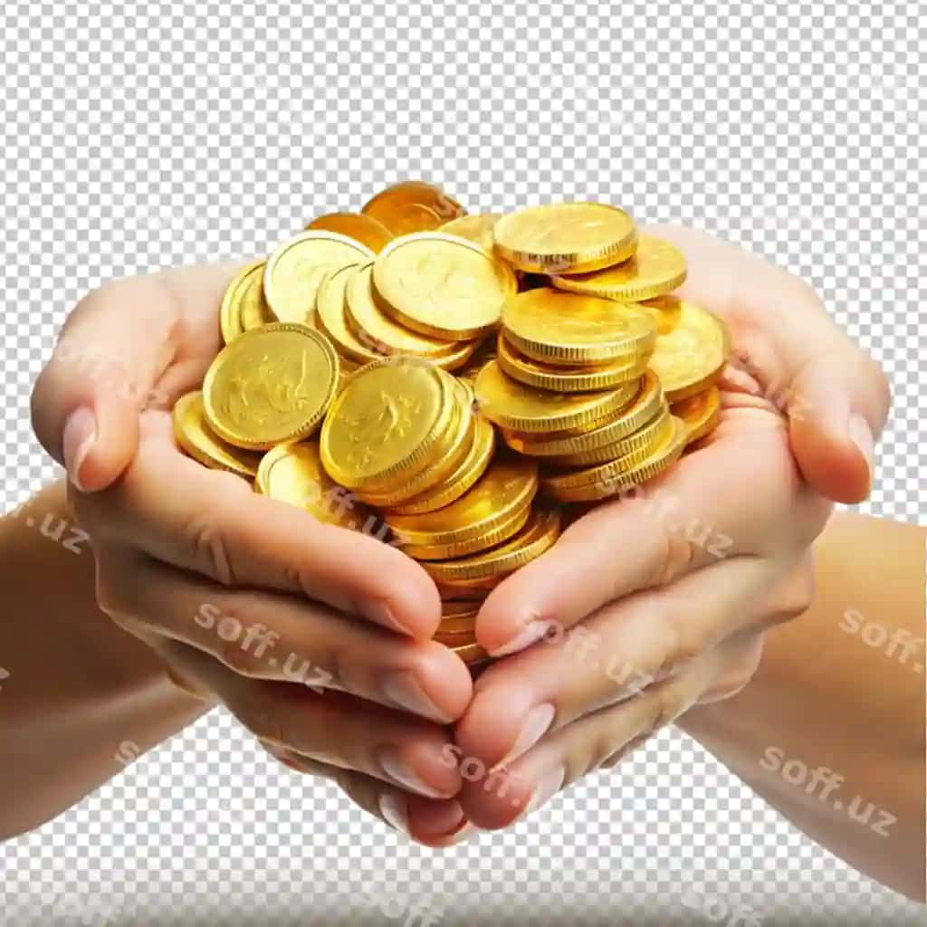 Qol harakati o'tpash tangalarni tutish pozitsiyasi ajraltirilgan shaffof fonda | Hand gesture pose hold golden coins pose isolated transparent background