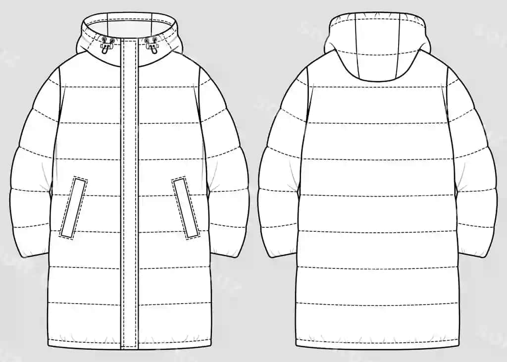 Uzun qurdlanmagan pufakli qatlamli issiq kurtka vektor texnik chizma | Long quilted down jacket padded warm jacket vector technical sketch