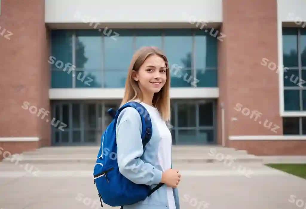 Qiz ko'k ko'rsatmasi bilan bino oldida turibdi. | Girl with blue backpack stands front building
