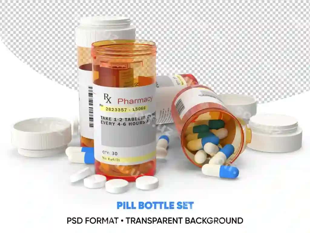 Tabletlar flakoni komplekt shaffof fonda | Pill bottle set transparent background