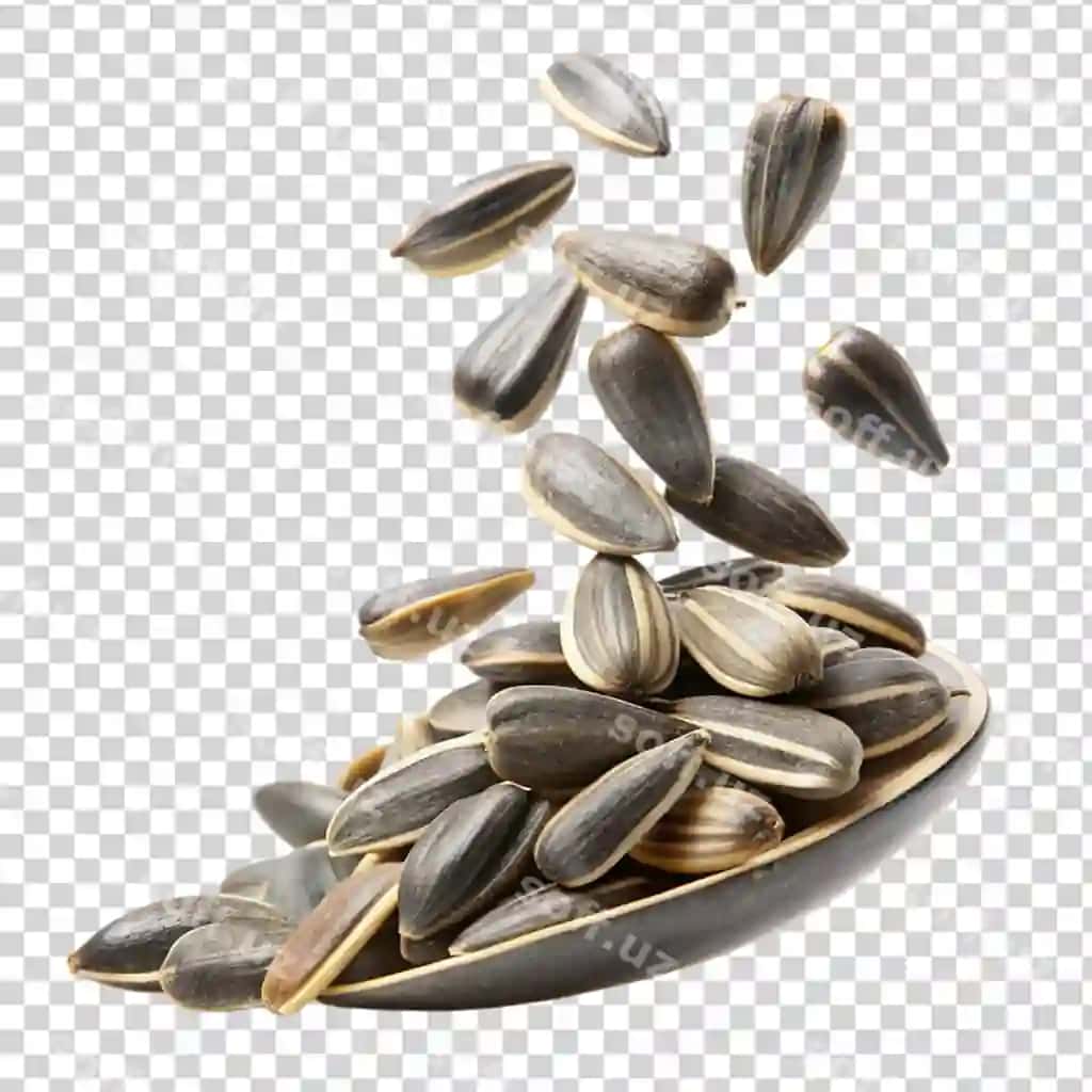Qizil qurdiu atrofda urug‘lar shaffof orqa fonda | Sunflower surrounded by seeds transparent background