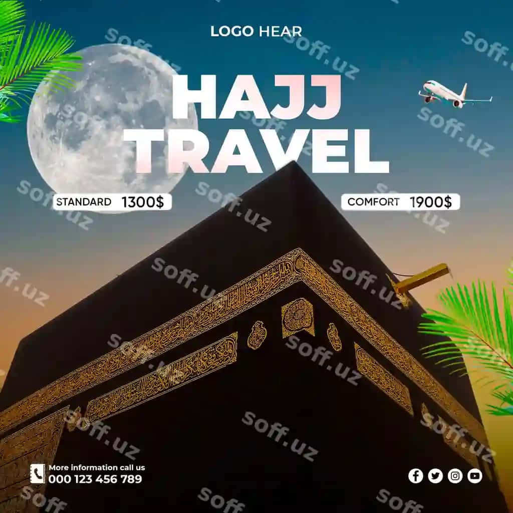Hajj umrah sayohat ijtimoiy media posti uchun shablon psd fayl | Hajj umrah travel social media post template psd file
