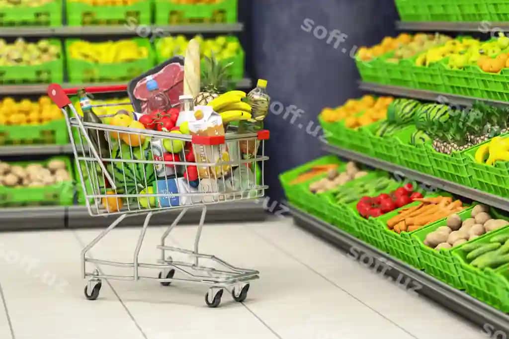 Xarid savati to'liq ovqatlar supermarketi, rafli meva va sabzilar. | Shopping cart full food grocery supermarket grocery store with shelves with fruits vegetables