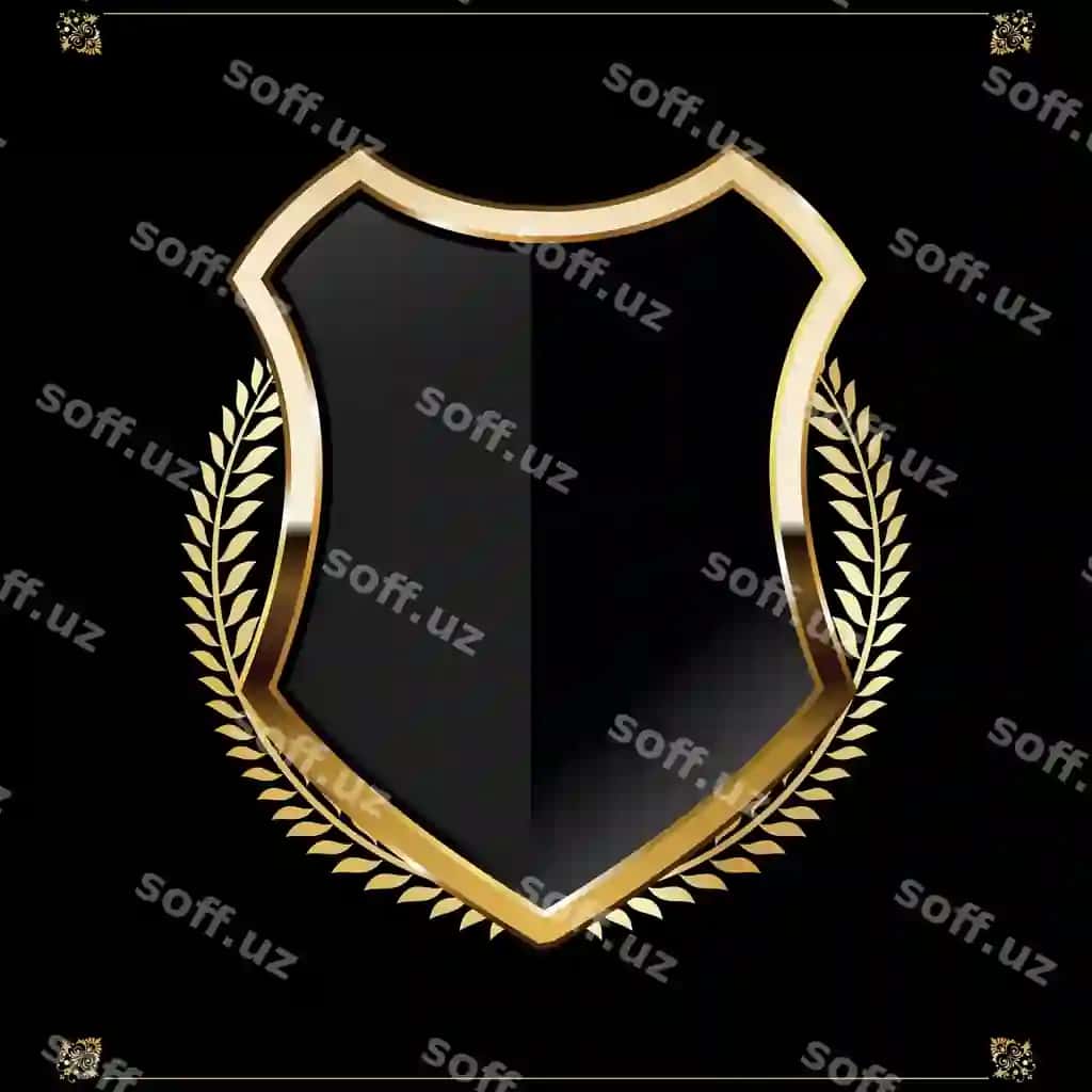 Qora oltin poyon laurel gurma bilan vektor illustratsiya | Black gold shield with laurel wreath vector illustration