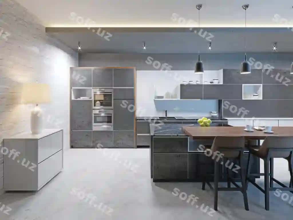 Zamonaviy oshxona dizayni uzun markaziy bar stoli qora marmar yuzakasi va Nieh metal liki jihozlari bilan 3D render | Modern kitchen design with long center island bar table fitted with black marble countertop stainless steel equipment 3d rendering