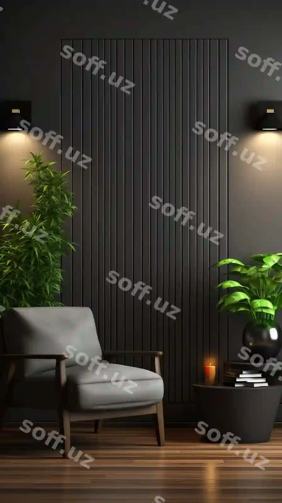 Zamonaviy qora mehmonxona kulrang oʻrindiq, qora qahva masa, gulliq oʻsimlik va kitob bilan | Stylish black living room with gray armchair black coffee table potted plant book