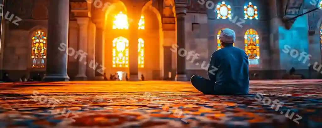 Men namoz oqiyotgan masjid bo'yoq shisha oynalari bilan illustratsiyasi | Man praying mosque with stained glass windows illustration