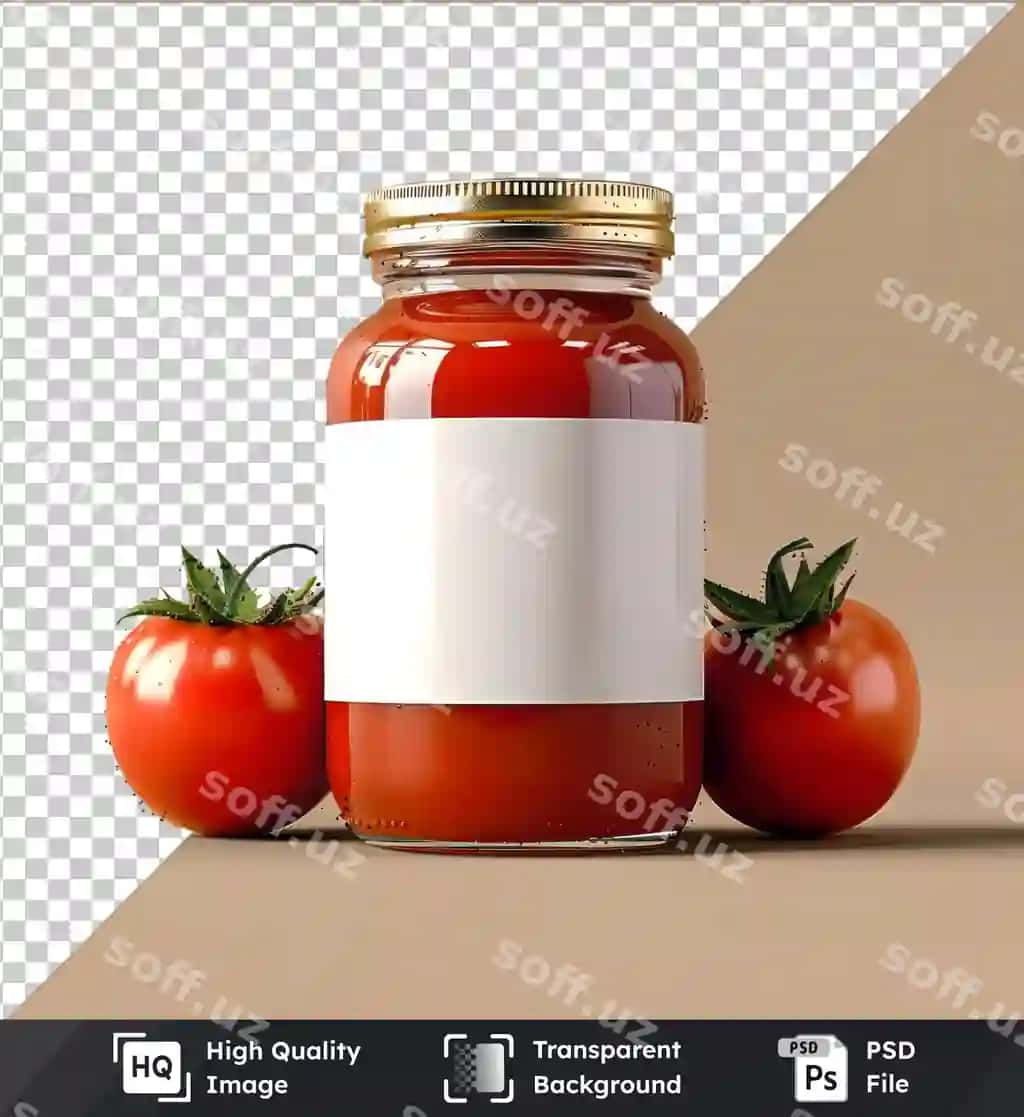 Psd rasm shisha qovurma pomidorli sos oq etiket bilan qizil pomidor yashil | Psd picture glass jar tomato sauce with white label red tomato green