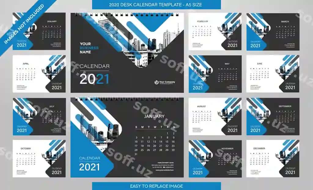 Stol taqvimi 2021 yil shabloni 12 oy kiritilgan | Desk calendar 2021 template 12 months included