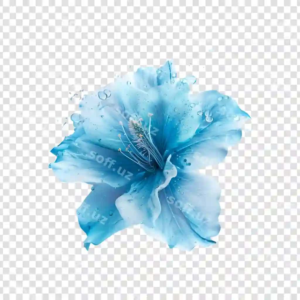 Ko'k gul su damaklari bilan shaffof orqa fonda | Blue flower with water drops transparent background