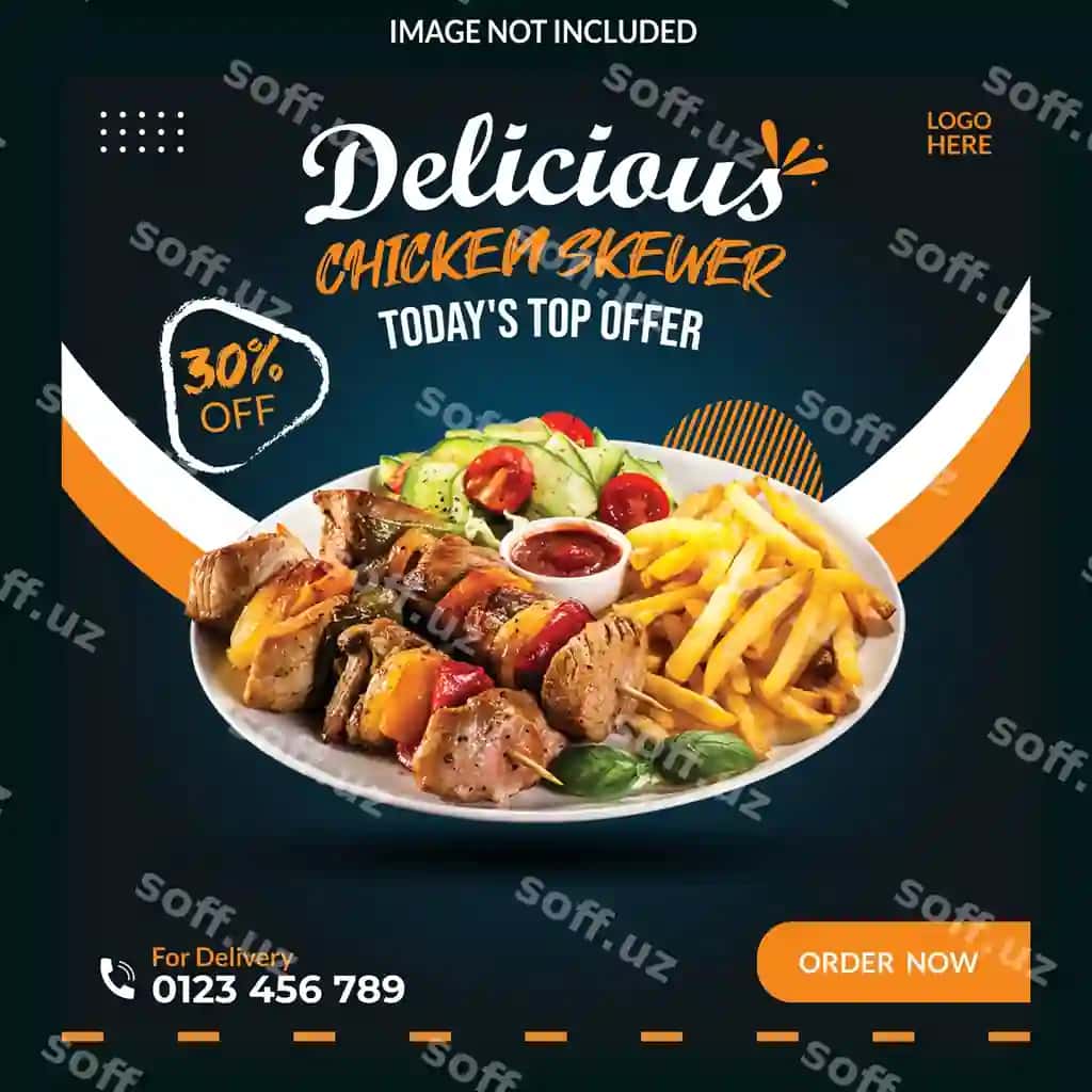 Menga yoqgan ovqat ijtimoiy tarmoqlar reklamasi uchun banner post dizayn shabloni | Delicious food social media promotion banner post design template