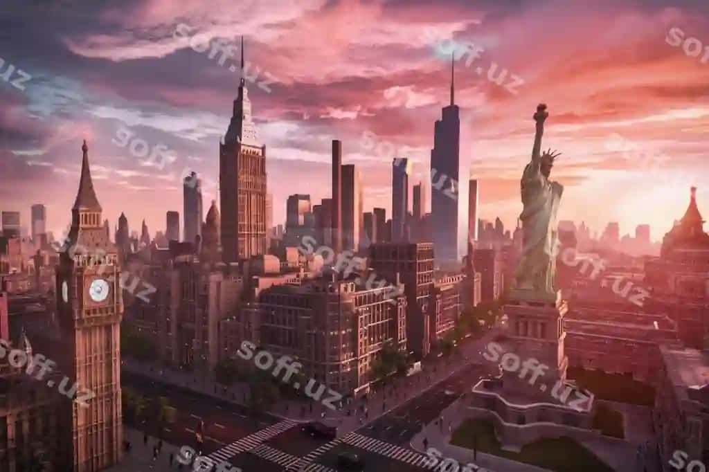 Tasavvur qiling shahar Statue of Liberty orqa fonda | Picture city with statue liberty background