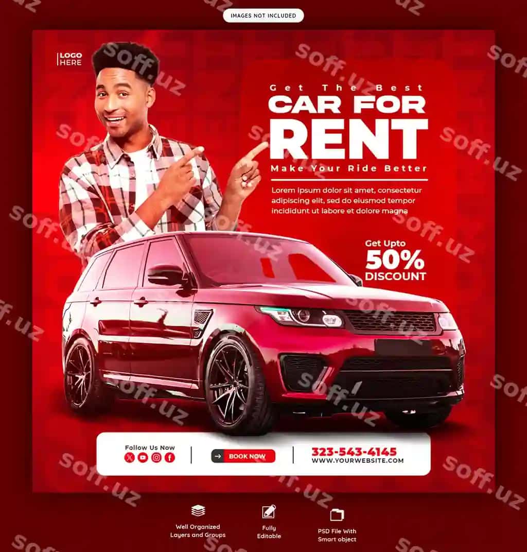 Avtomobil ijarasi, avtomobil xizmatlari, ijtimoiy tarmoqlar banneri, Instagram post shabloni | Car rental automotive social media banner instagram post template