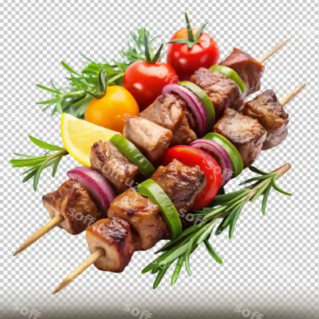 Pishirilgan qoy shashliklari BBQ kebab ajraltirilgan shaffof fonda | Roasted mutton skewers bbq kebab isolated transparent background
