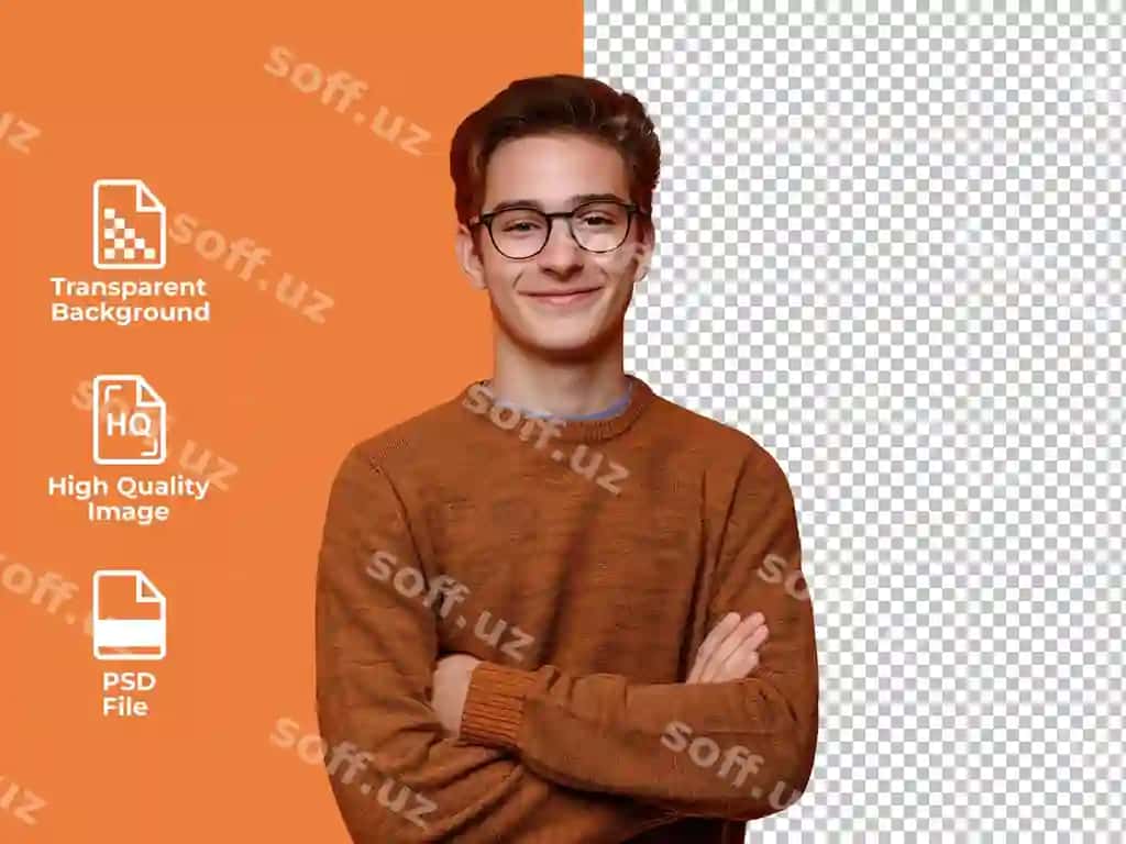 Psd soktirgan erkak ko'zlashiq shaffof fonda | Psd man wearing sweater glasses transparent background
