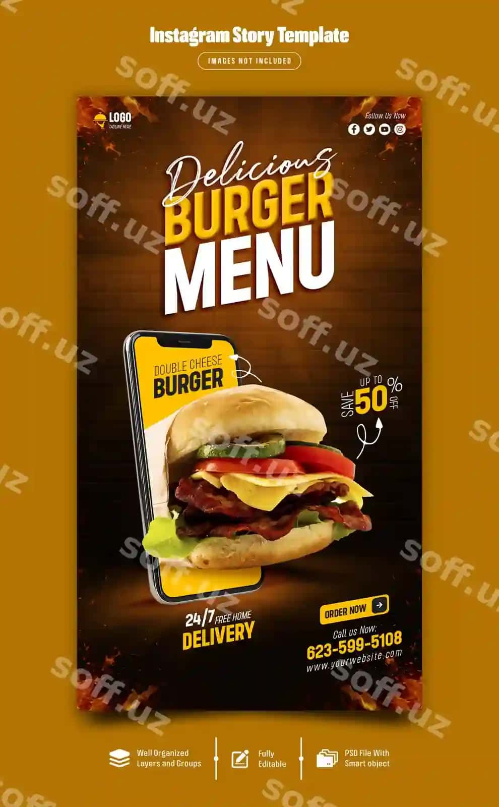 Mazali burger ovqat menyu Instagram hikoya shabloni premium psd | Delicious burger food menu instagram story template premium psd
