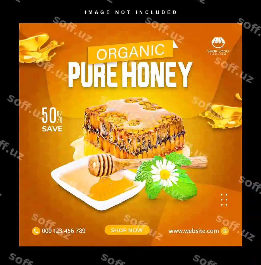 Organik med post uchun ijtimoiy tarmoqlar banneri dizayn shabloni | Organic honey post social media banner design template