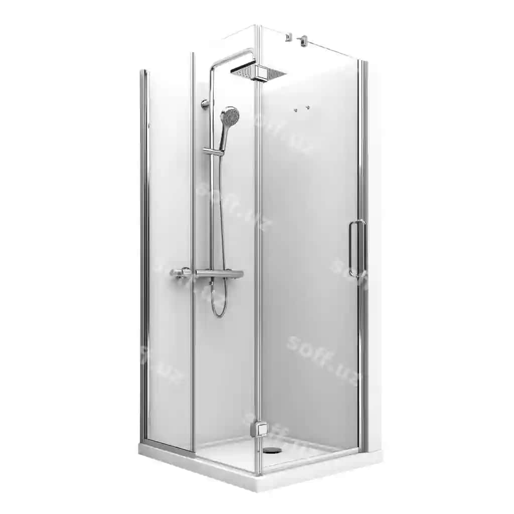 Zamonaviy shisha shower kabina khrom qismlari bilan minimalistik dizayn yomg'irli duvloq bilan tajriba etilgan. | Modern glass shower cabin with chrome fittings minimalist design equipped with rain shower