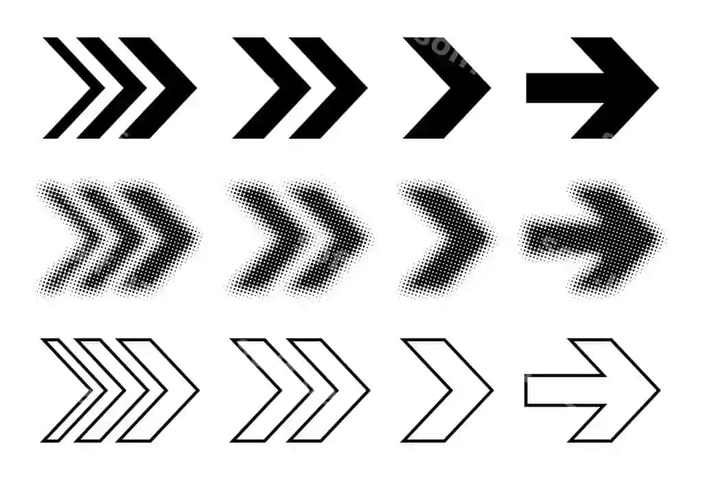 Qora yarımsong oʻchiq ikonasi vektor grafikasi sveip ramzasi ikonkalar dizayni | Black halftone arrow icon vector graphic swipe symbol icons design