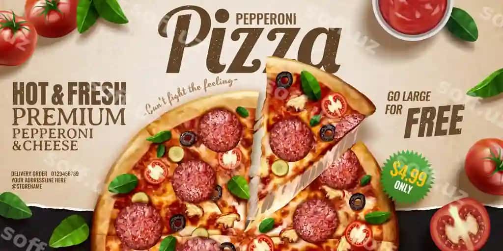 Peperoni pitsa baner reklamalari kraft qog'oz orqa fonda pomidorlar bilan | Pepperoni pizza banner ads kraft paper background with tomatoes