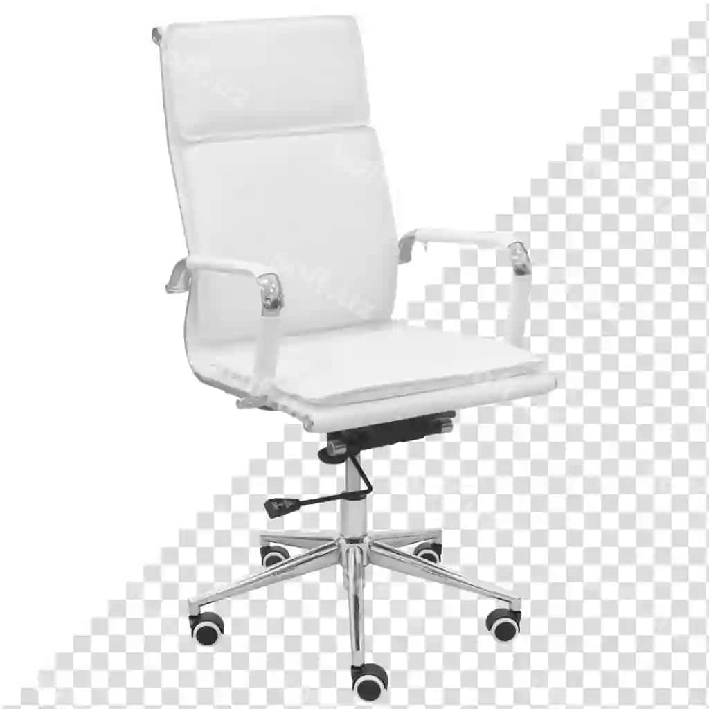 Oq ofis stuli xrom qatlamli, orqa fondaan ajraltirilgan | White office chair with chrome coating isolated from background