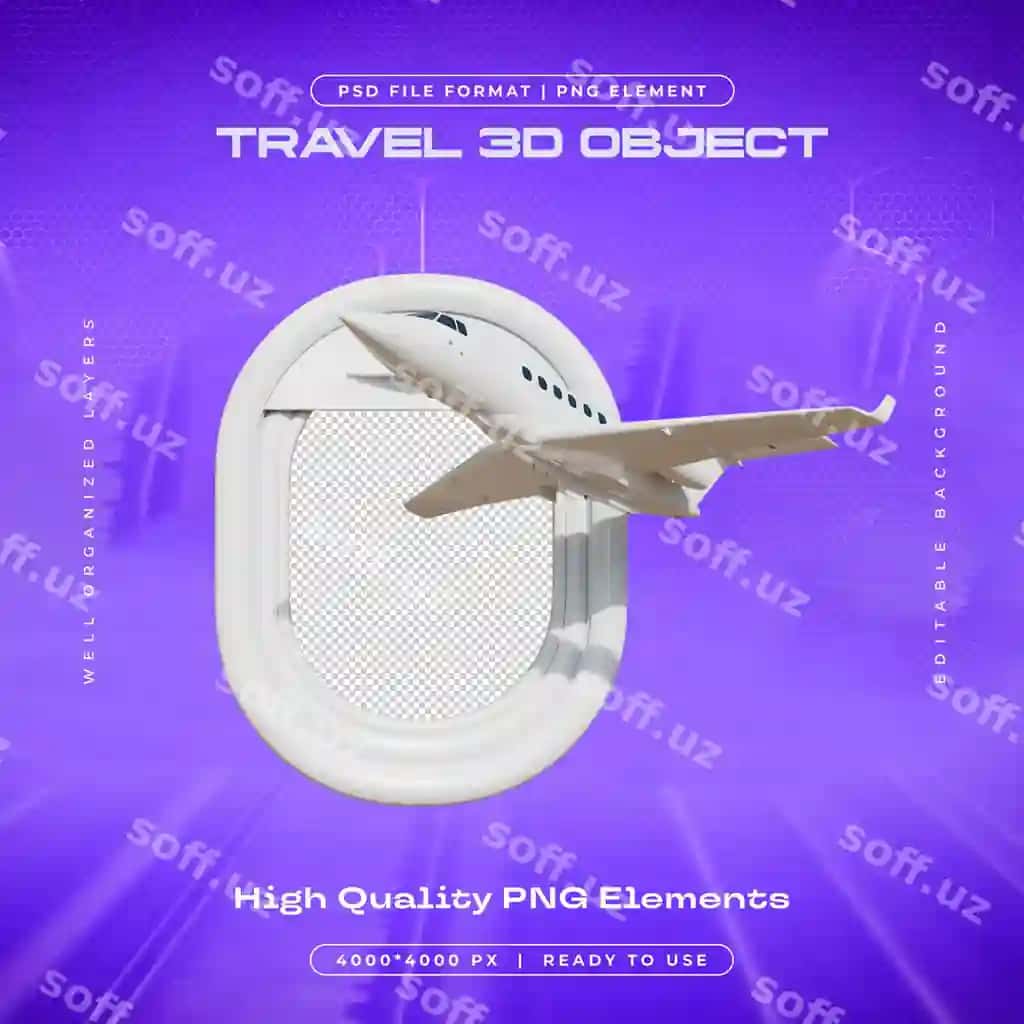 Sayohat 3D obyekt samolyot oynasi ko'rinishlari ajraltirilgan illustratsiya | Travel 3d object airplane window views isolated illustration