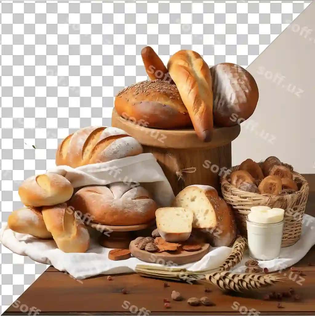 Haqiqiy fotografik pecheniyachi pishxonasi mahsulotlari non saryogʻ yongʻoqlı | Realistic photographic baker s bakery products bread butter wooden