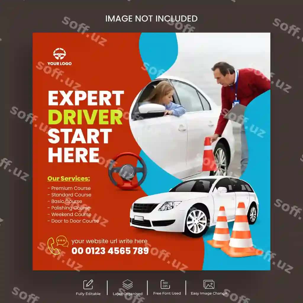 Haydash o'quv darslari avtomobil haydash maktabi ijtimoiy tarmoqlar Instagram post banneri | Driving lessons car driving school social media instagram post banner