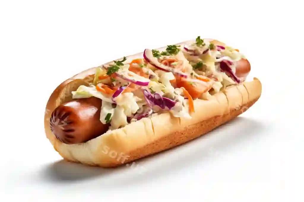 Hot-dog kolslaw bilan bu oq fonda | Hot dog with coleslaw it is white background