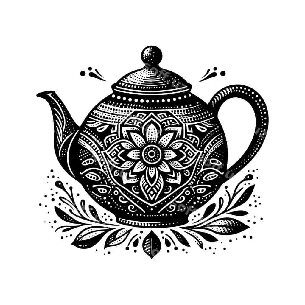Qora-oq chizma choy qozon gulli dizayn bilan | Black white drawing teapot with floral design